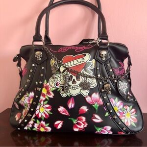 Ed Hardy Love Kills Slowly Floral Skull Satchel Shoulder Bag Studded Chain Charm